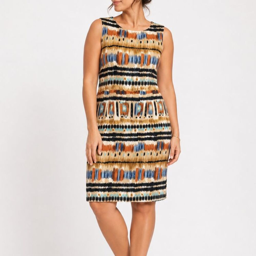 Tahari Arthur S Levine Dress 14 Linen Blend Ikat Tribal Print Sheath Sleeveless